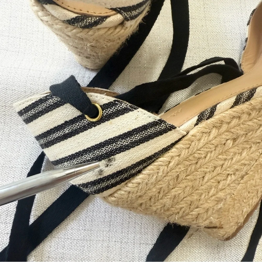 New J. Crew Size 6.5 Espadrille Wedges Ankle Wrap Black Cream Stripe Shoes